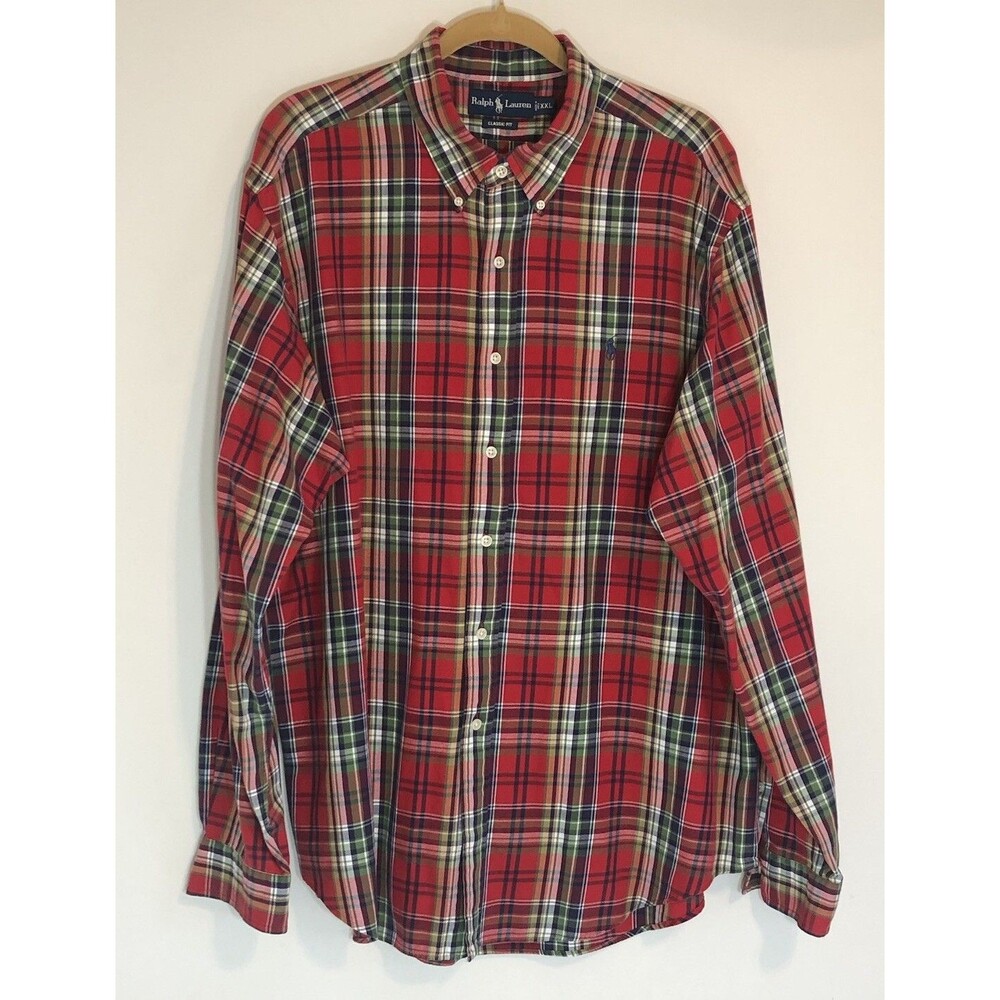 Ralph Lauren Blue Pony Classic Fit L/S Red Plaid Button Down Dress Shirt XXL EUC